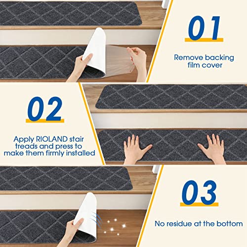 RIOLAND Stair Treads Carpet Non-Slip Indoor 15 PCS Wood Stair Treads Rugs Anti Moving Modern Stair Runners Safety for Kids Dogs, 8" X 30", Diamond Gray - Image 4