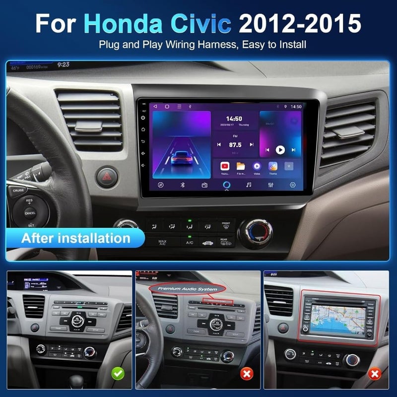 Vierex Android Car Stereo for Honda Civic 2012–2015 | 8-Core 4+32GB Touchscreen Car Radio | Wireless CarPlay & Android Auto, GPS Navigation, WiFi, Bluetooth, AHD Backup Camera | Smart Multimedia Player - Image 2