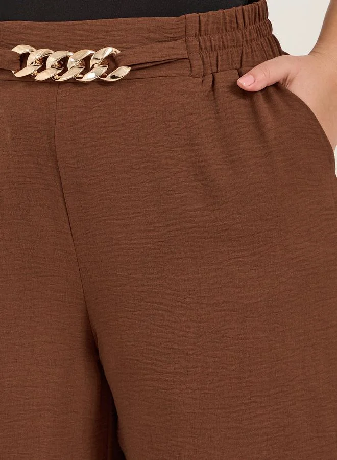 Styli Plus Size Textured Wide Leg Trousers with Chain Buckle Detail