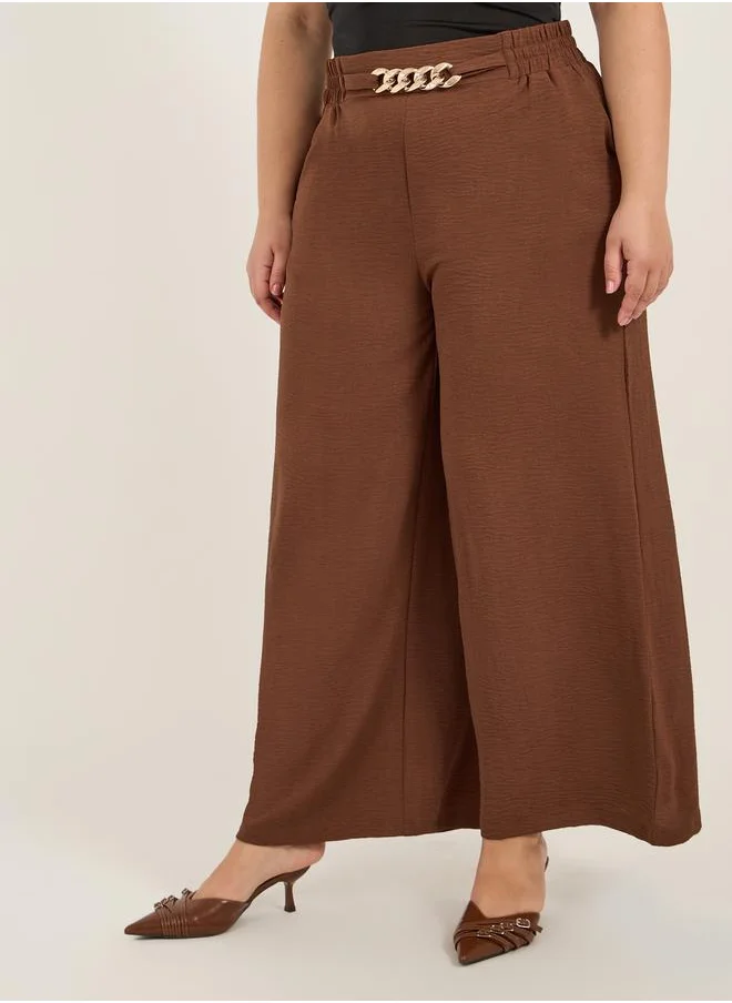 Styli Plus Size Textured Wide Leg Trousers with Chain Buckle Detail