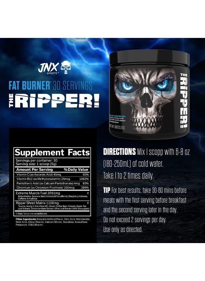 JNX Sports - ® The Ripper! Shredding Thermogenic Fat Burner for Men & Women – Fast Acting Stim Thermogenesis, Appetite Suppressant, Extreme Energy & Focus Supplement – Blue Raspberry, 30 Servings - Image 1