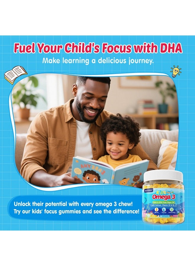 NEVISS Kids Omega 3 Gummies with Calcium, Vitamin D3 & K2, C, Omega-3 DHA Gummies for Focus and Memory, Bone Health & Immune Support, Kids Omega3 Supplement - No Fish Taste, Non-GMO, Chewable, 2 Pack - Image 5