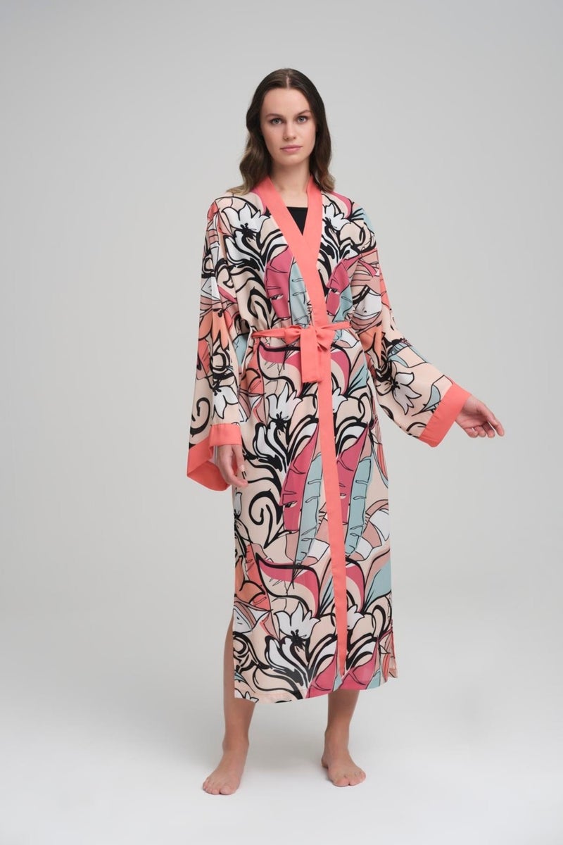 Haşema Colorful Polka Dot Patterned Pomegranate Flower Long Kimono - Image 2