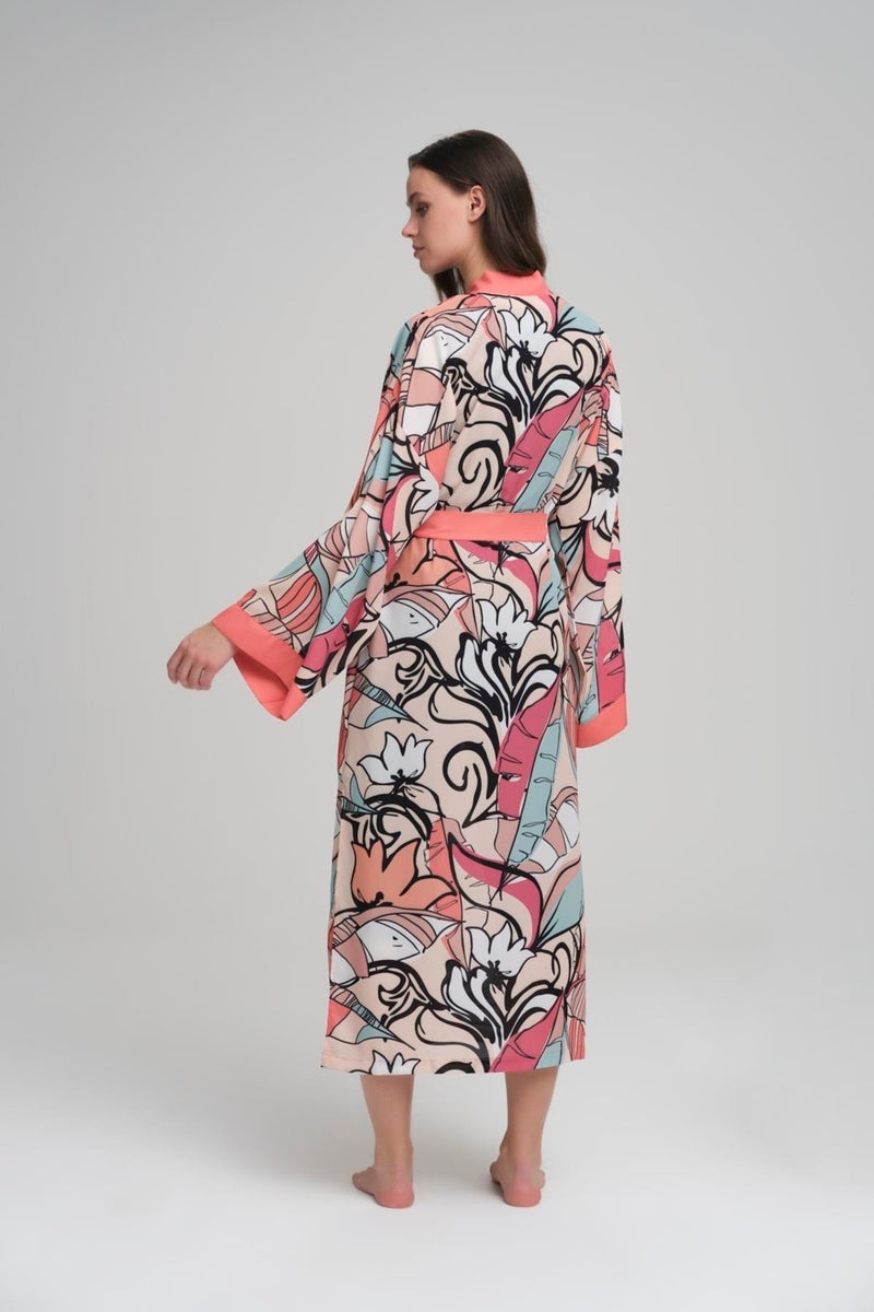 Haşema Colorful Polka Dot Patterned Pomegranate Flower Long Kimono - Image 3