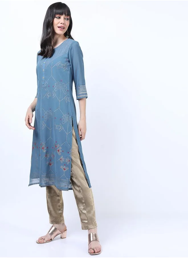 فيشود Blue Floral Printed Regular Fit Kurta by Styli