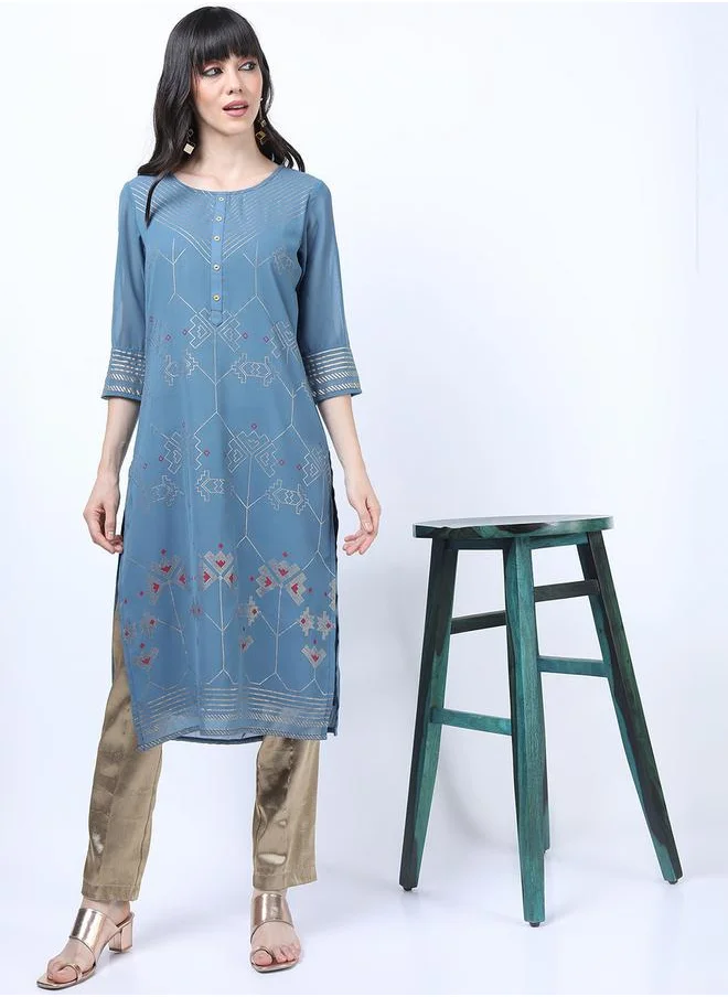 فيشود Blue Floral Printed Regular Fit Kurta by Styli