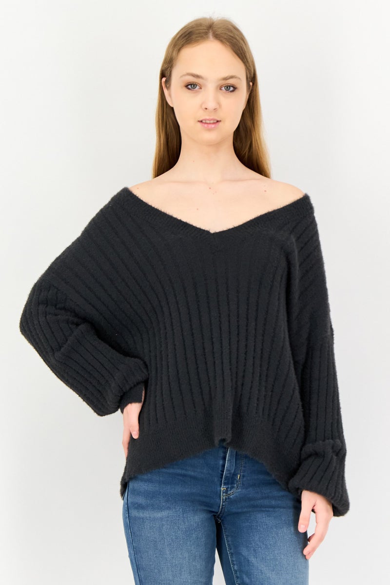 Aerie Women V-Neck Knitted Sweater, Grey - Image 1