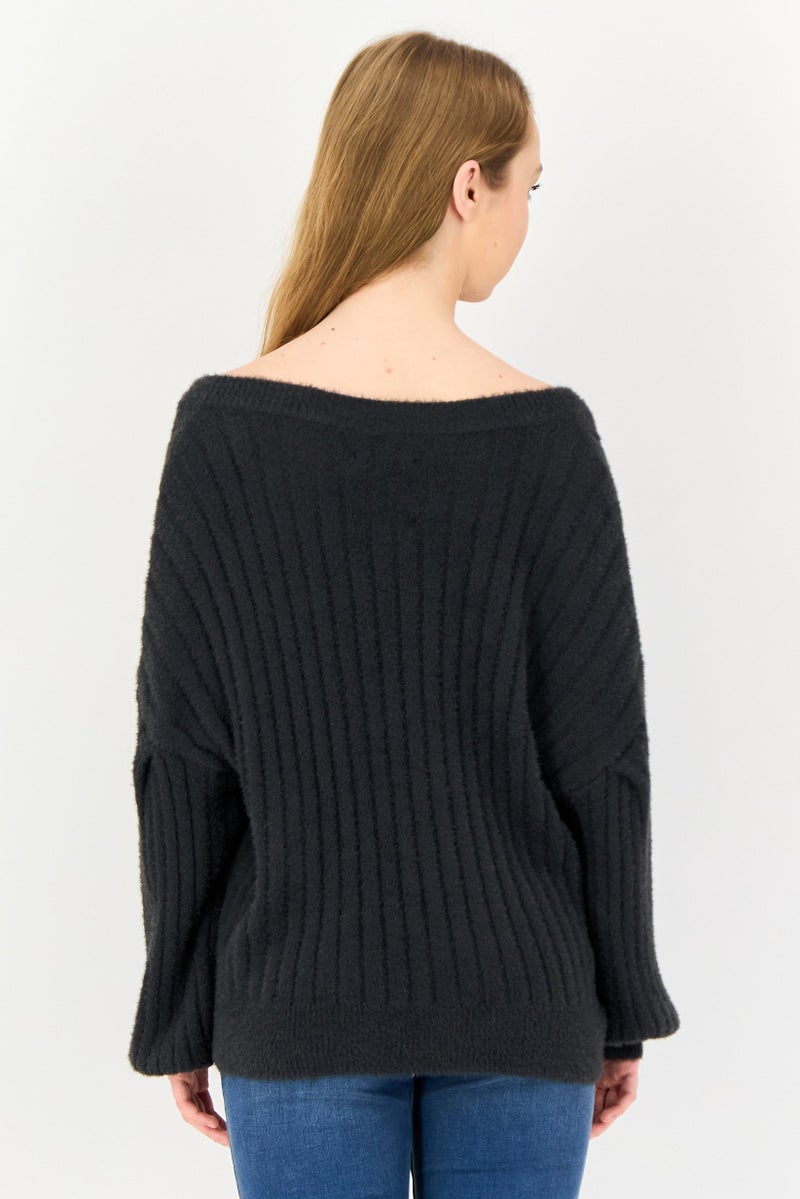 Aerie Women V-Neck Knitted Sweater, Grey - Image 2