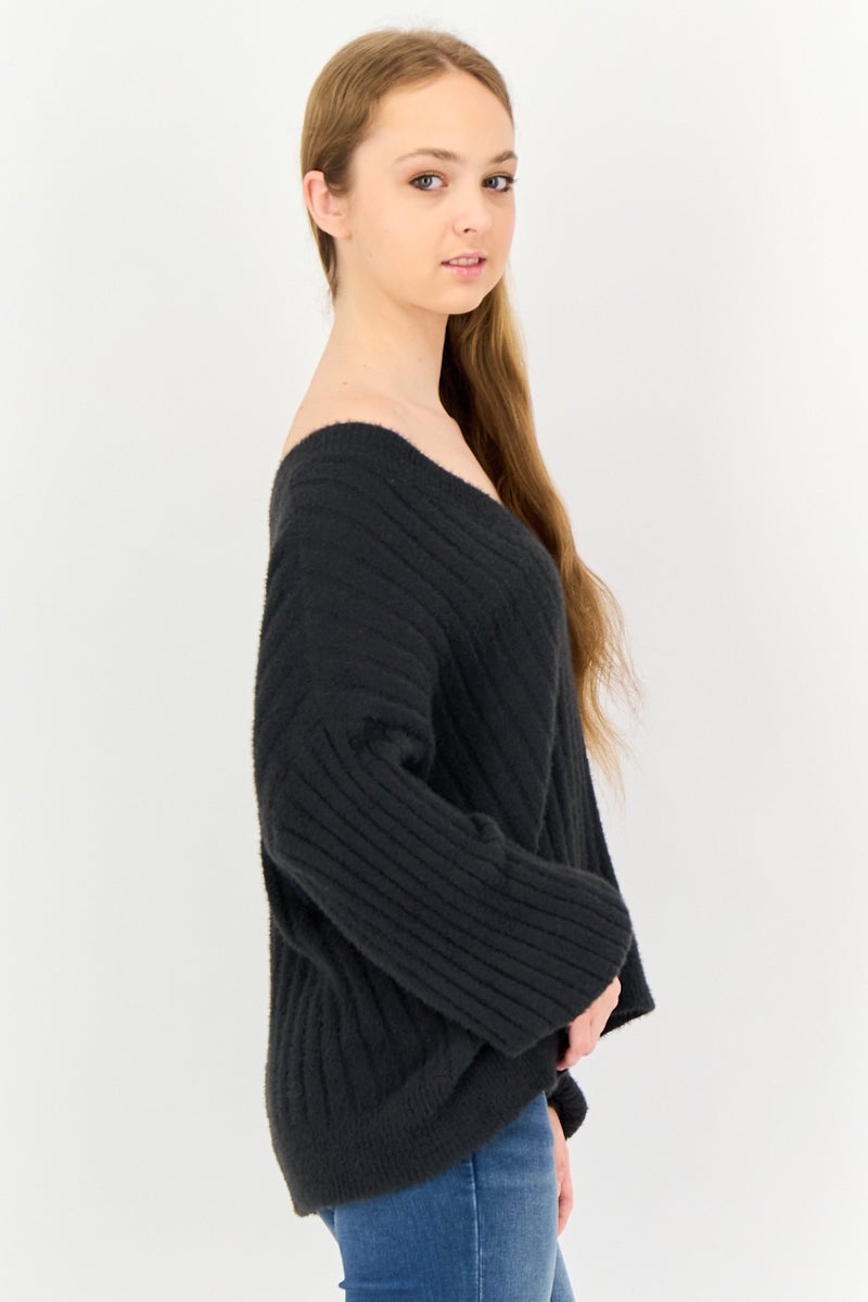 Aerie Women V-Neck Knitted Sweater, Grey - Image 3