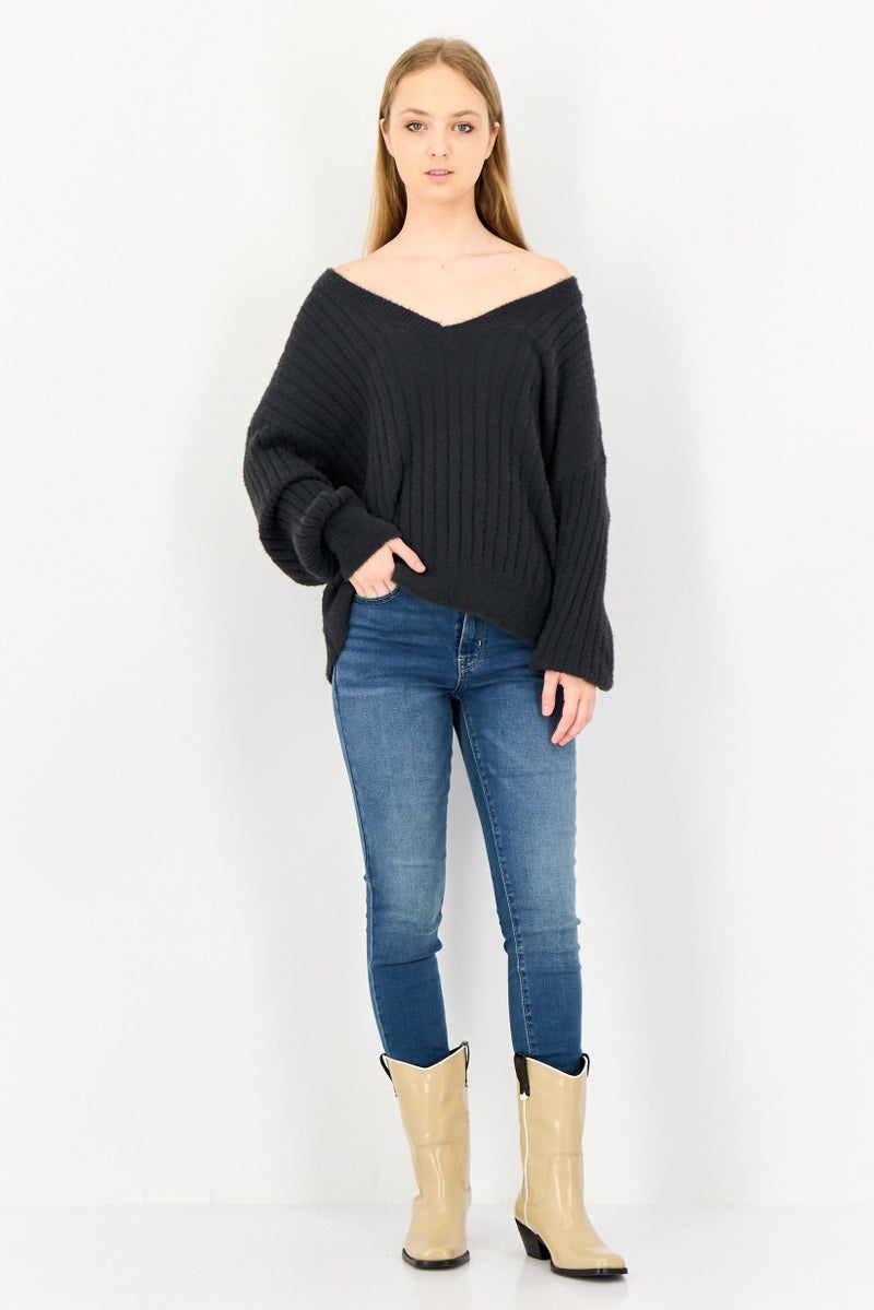 Aerie Women V-Neck Knitted Sweater, Grey - Image 4