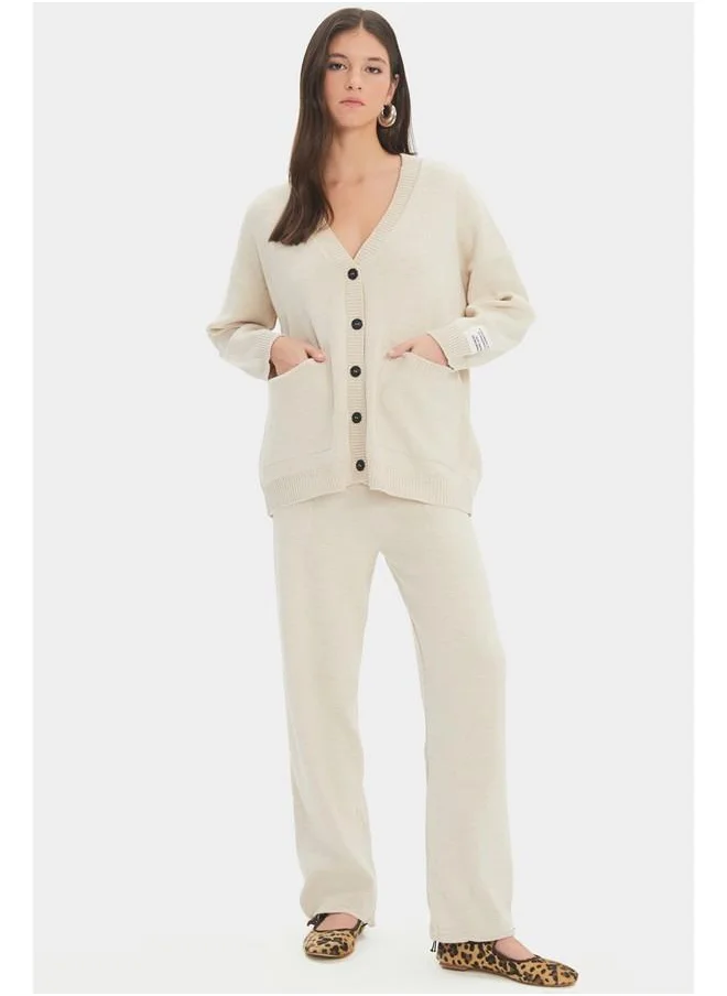 JUNE June Women Wide Fit V Neck Button Detailed Cardigan - Trouser Set Stone