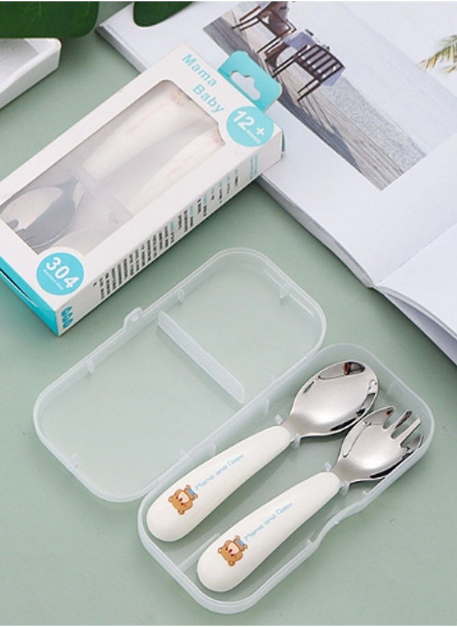INSENSE - Children's portable tableware set, cartoon spoon and fork, baby learning food training spoon household fork and spoon 304 stainless steel - Image 1