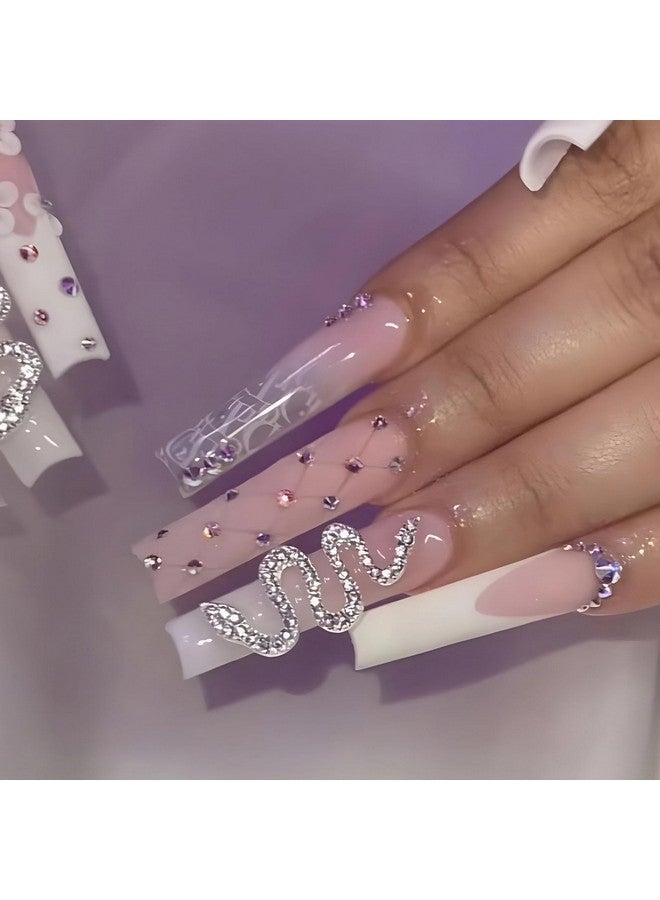 MISUD Press On Nails Long Square Fake Nails Glossy Glue On Nails White French Tip Acrylic Nails Squoval Ombre Artificial Nails Snake Rhinestone Stick On False Nails With Design 24 Pcs - Image 1