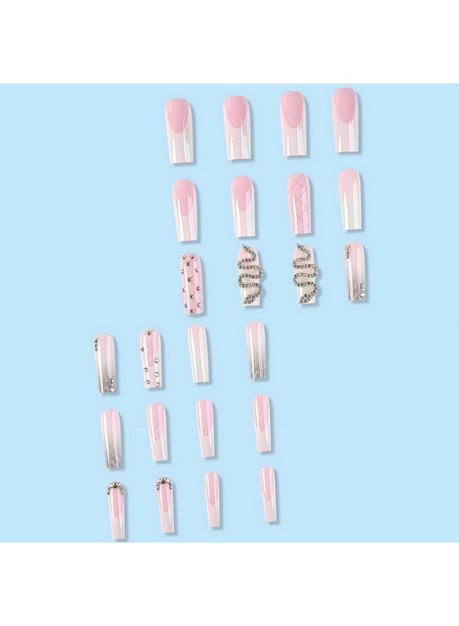 MISUD Press On Nails Long Square Fake Nails Glossy Glue On Nails White French Tip Acrylic Nails Squoval Ombre Artificial Nails Snake Rhinestone Stick On False Nails With Design 24 Pcs - Image 4