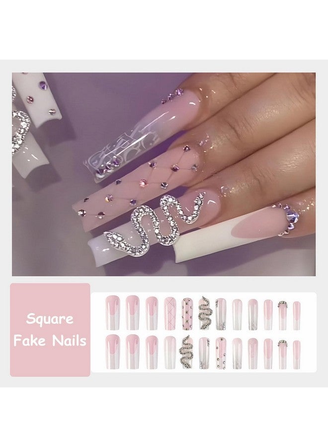 MISUD Press On Nails Long Square Fake Nails Glossy Glue On Nails White French Tip Acrylic Nails Squoval Ombre Artificial Nails Snake Rhinestone Stick On False Nails With Design 24 Pcs - Image 5