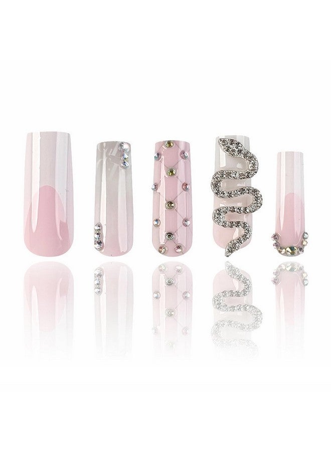 MISUD Press On Nails Long Square Fake Nails Glossy Glue On Nails White French Tip Acrylic Nails Squoval Ombre Artificial Nails Snake Rhinestone Stick On False Nails With Design 24 Pcs - Image 2