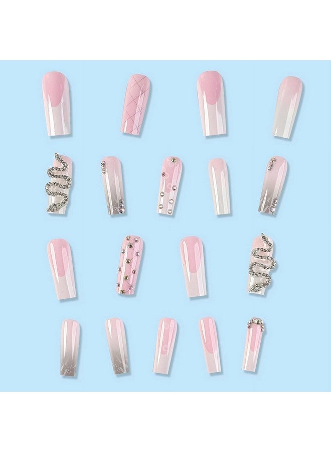 MISUD Press On Nails Long Square Fake Nails Glossy Glue On Nails White French Tip Acrylic Nails Squoval Ombre Artificial Nails Snake Rhinestone Stick On False Nails With Design 24 Pcs - Image 3