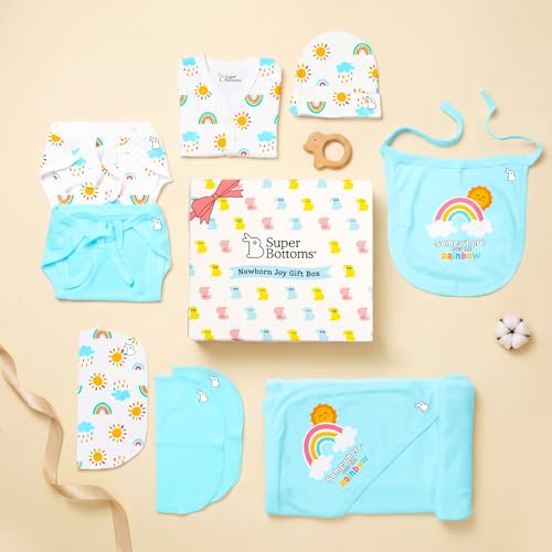 SuperBottoms Baby Gift Set for New Born - Skin-Friendly Newborn Essentials - Ideal Gifts for Newborn Baby – Unisex Clothing - 0-3 Months – 11 Pieces Baby Gift Hamper (Blue) - Image 1