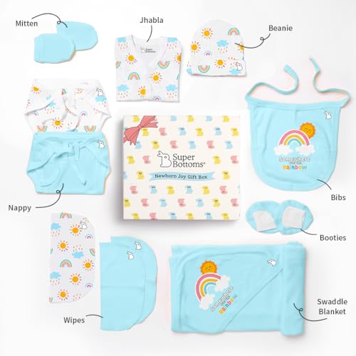 SuperBottoms Baby Gift Set for New Born - Skin-Friendly Newborn Essentials - Ideal Gifts for Newborn Baby – Unisex Clothing - 0-3 Months – 11 Pieces Baby Gift Hamper (Blue) - Image 4