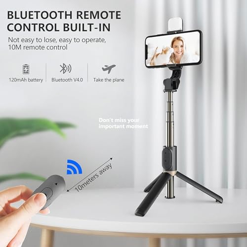 TARAVEE,i17 Selfie Stick with Tripod Stand,Extendable Bluetooth Selfie Stick for Mobile Phone,LED Light,Compatible with iPhone & 360 Degree Rotation,Selfie Stick Tripod Stand 4 in 1 Photography,selfi - Image 2