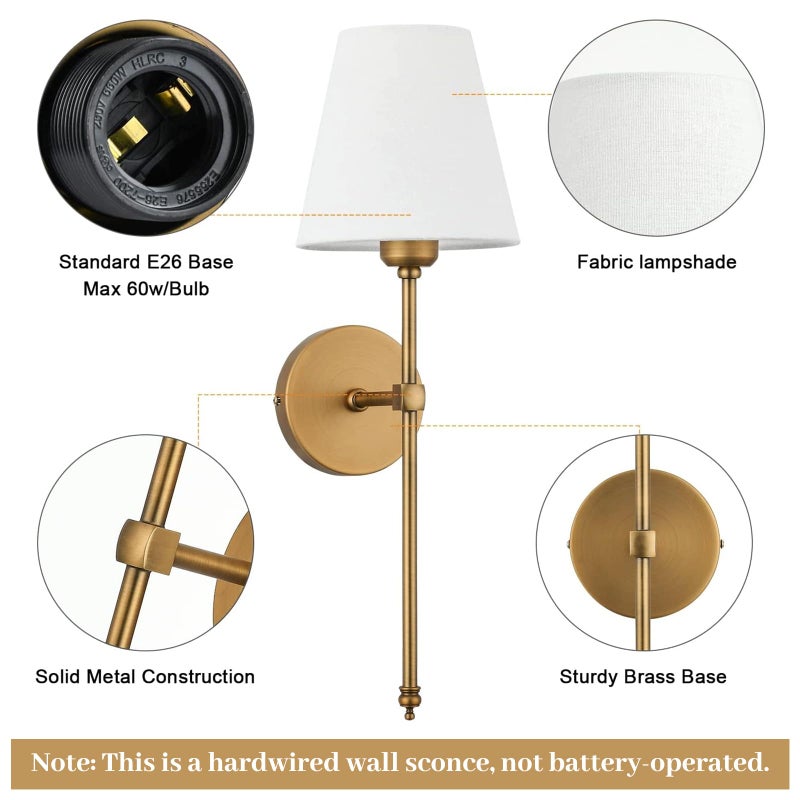 Bsmathom Wall Sconces Sets of 2, Hardwired Classic Brushed Brass Sconces Wall Lighting, Bathroom Vanity Light Fixture with Fabric Shade for Bedroom Living Room Hallway Kitchen, Gold - Image 2