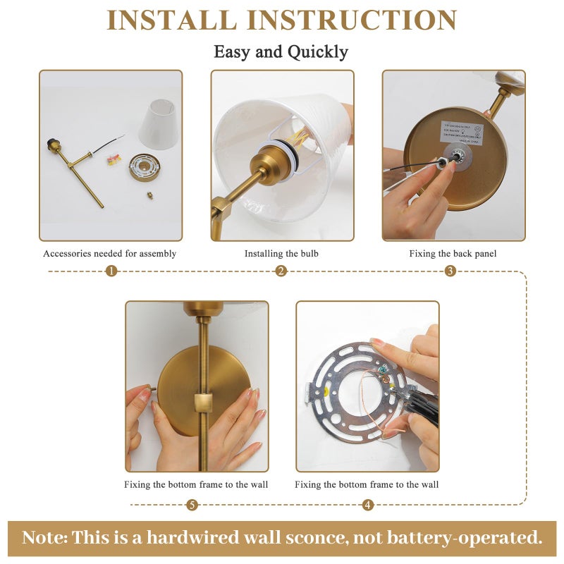 Bsmathom Wall Sconces Sets of 2, Hardwired Classic Brushed Brass Sconces Wall Lighting, Bathroom Vanity Light Fixture with Fabric Shade for Bedroom Living Room Hallway Kitchen, Gold - Image 5