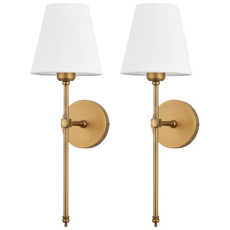 Bsmathom Wall Sconces Sets of 2, Hardwired Classic Brushed Brass Sconces Wall Lighting, Bathroom Vanity Light Fixture with Fabric Shade for Bedroom Living Room Hallway Kitchen, Gold - Image 1