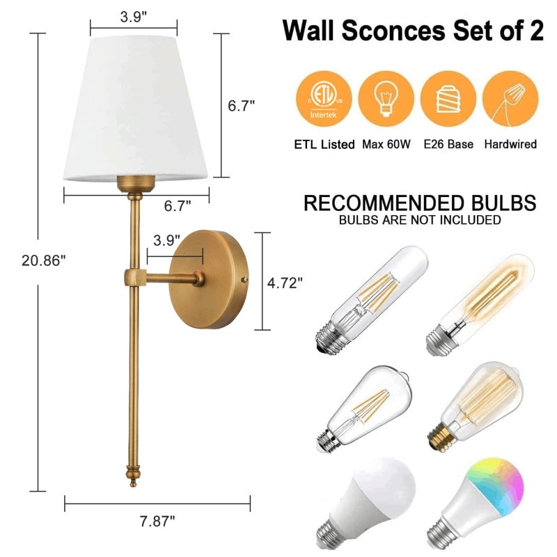 Bsmathom Wall Sconces Sets of 2, Hardwired Classic Brushed Brass Sconces Wall Lighting, Bathroom Vanity Light Fixture with Fabric Shade for Bedroom Living Room Hallway Kitchen, Gold - Image 3