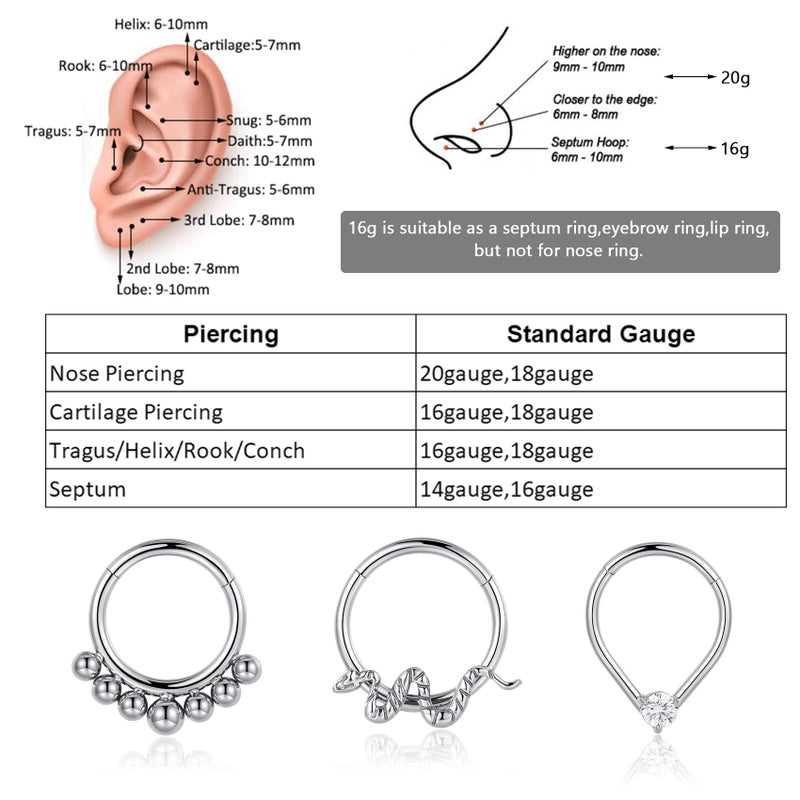 Lantine 8mm Septum Ring 16g 316 Stainless Steel Daith Piercing Jewelry Hinged Clicker Rook Snug Tragus Cartilage Hoop Earring - Image 4