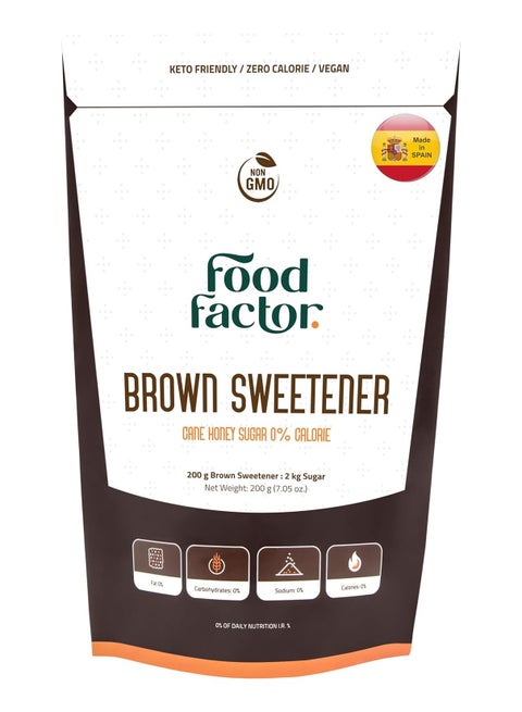 Food Factor Brown Sweetener | Made in Spain Sugar Cane Granulated Zero Sugar, Zero Calorie, Zero Carb, Zero Fat Suitable For Diabetic, Vegan, Keto Friendly for baking, 200 G (7.05 Oz)