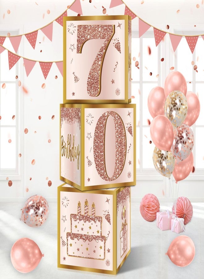 Guiruiy 3Pcs 70th Birthday Decorations Boxes for Women, Pink Rose Gold 70th Birthday Balloons Boxes Party Supplies, Pink Seventy Year Old Bday Theme Cardboard Box Decor - Image 1