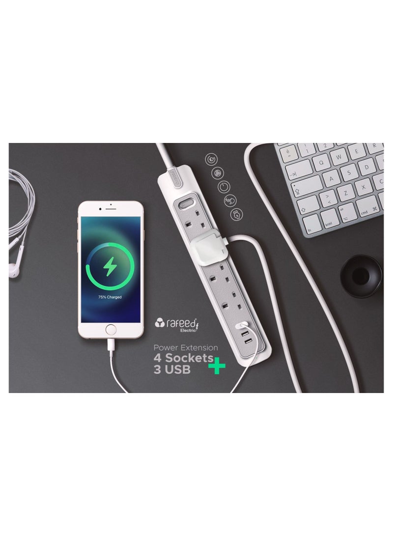 RAFEED Power Extension Cord 2M 4 Sockets 3 USB Charging Ports Surge Protection 3250W (WA20016) - Image 2