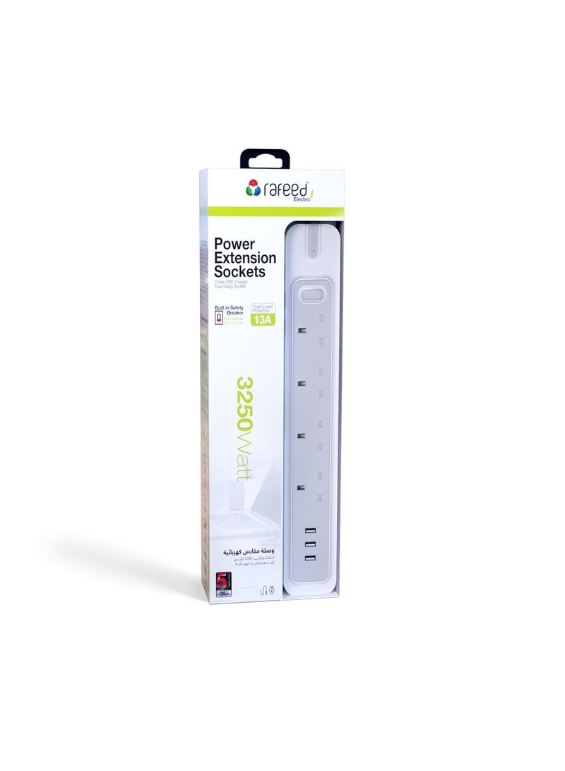 RAFEED Power Extension Cord 2M 4 Sockets 3 USB Charging Ports Surge Protection 3250W (WA20016) - Image 4