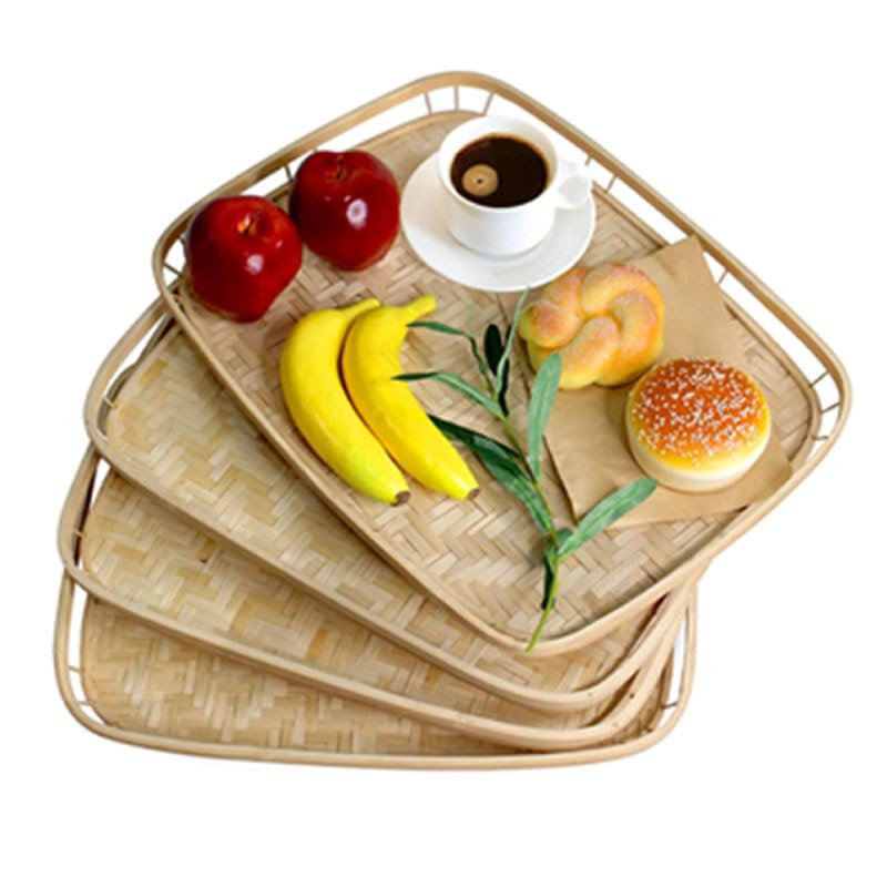 Zikra L-Sized Set of 2 Large Bamboo Wicker Serving Trays for Foods and Drinks, Rectangular Breakfast Trays with Handles Wooden, 43 * 33 * 4cm - Image 5