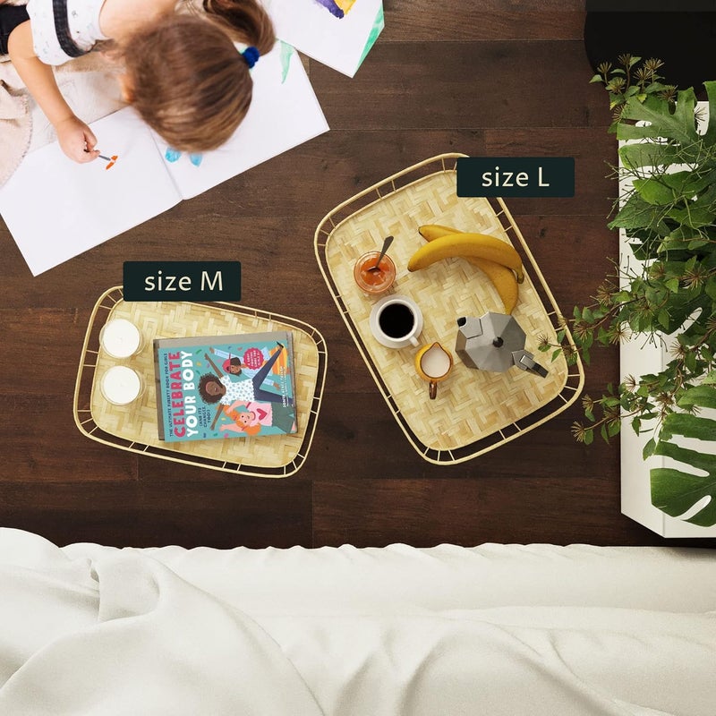 Zikra L-Sized Set of 2 Large Bamboo Wicker Serving Trays for Foods and Drinks, Rectangular Breakfast Trays with Handles Wooden, 43 * 33 * 4cm - Image 2
