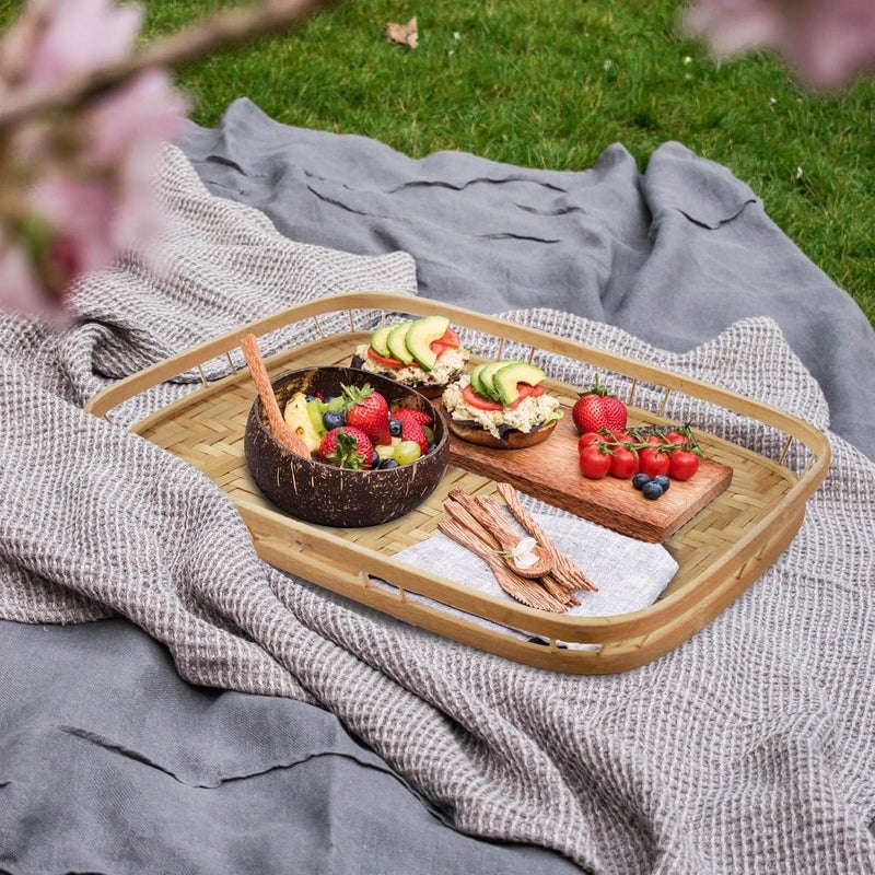 Zikra L-Sized Set of 2 Large Bamboo Wicker Serving Trays for Foods and Drinks, Rectangular Breakfast Trays with Handles Wooden, 43 * 33 * 4cm - Image 3