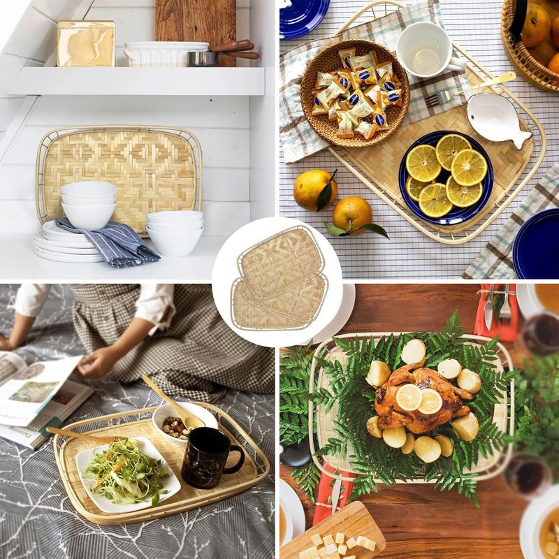 Zikra L-Sized Set of 2 Large Bamboo Wicker Serving Trays for Foods and Drinks, Rectangular Breakfast Trays with Handles Wooden, 43 * 33 * 4cm - Image 4