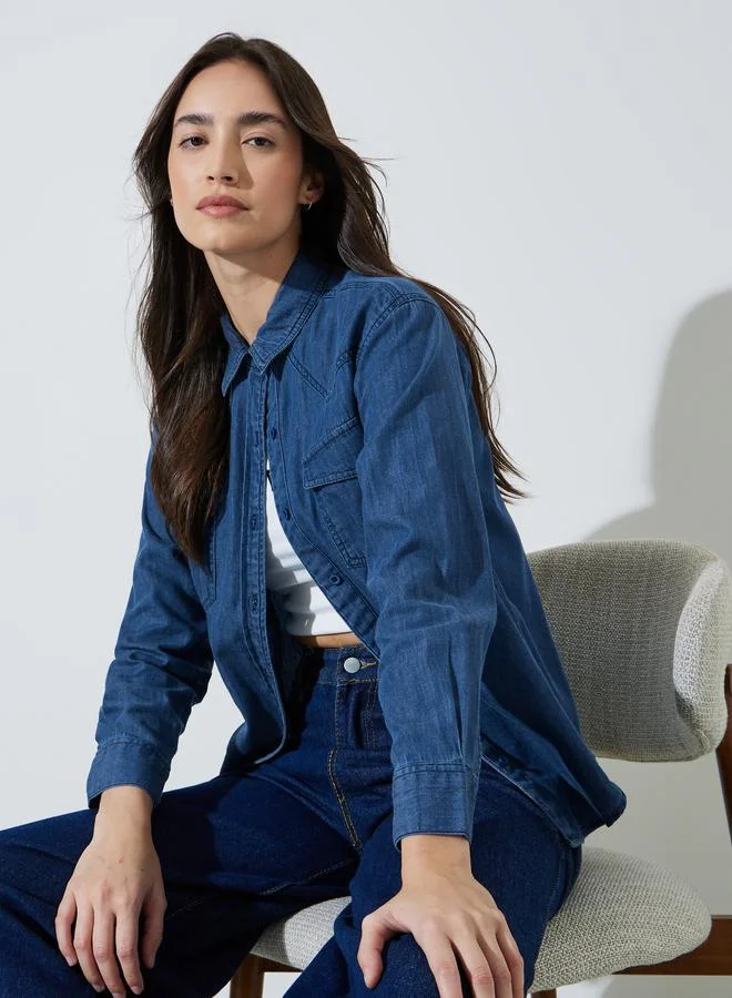 Styli Dark Blue Relaxed Fit Cotton Denim Shirt with Pockets