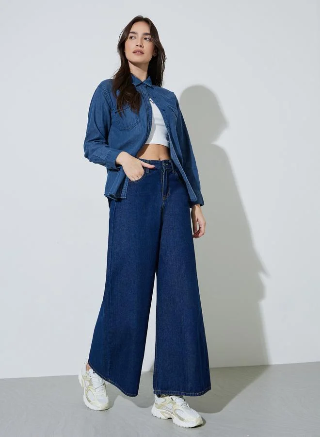 Styli Dark Blue Relaxed Fit Cotton Denim Shirt with Pockets