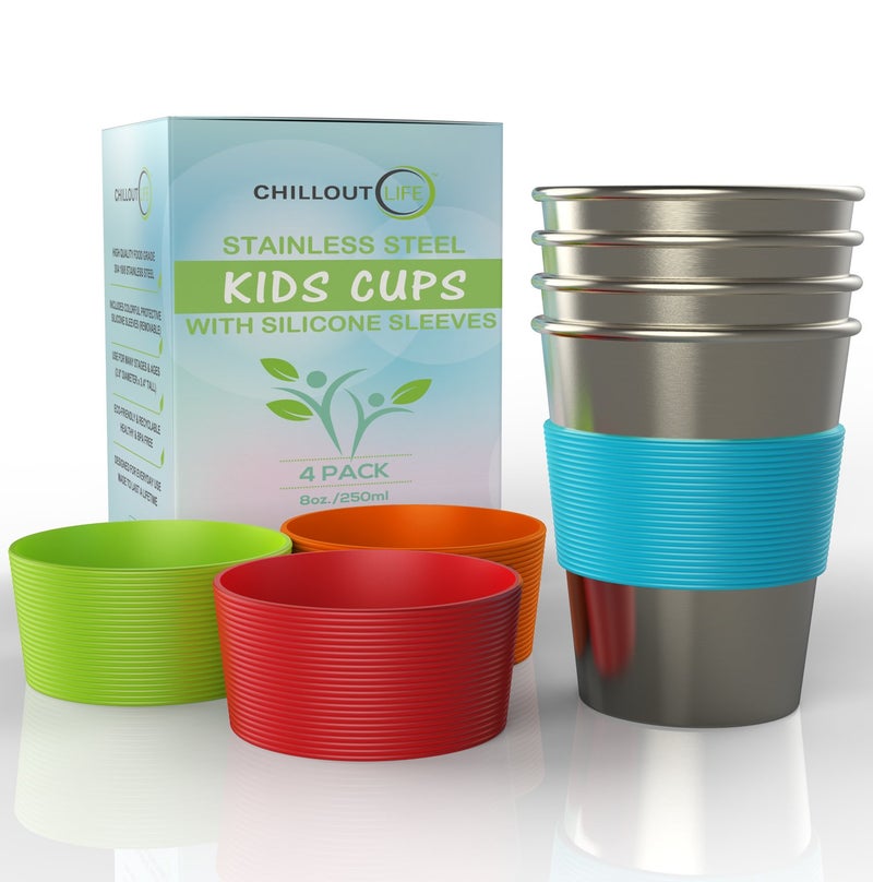 CHILLOUT LIFE Stainless Steel Cups for Kids and Toddlers 8 oz. with Silicone Sleeves - Small Metal Cups for Home & Outdoor Activities, BPA Free Healthy Unbreakable Premium Metal Drinking Glasses (4-Pack) - Image 1