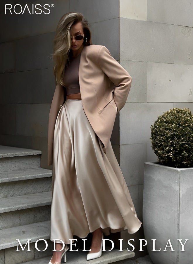 roaiss تنورة حريمي من الساتان بخصر عالٍ فضفاضة وثنيات بحاشية كبيرة على شكل حرف A - Image 3