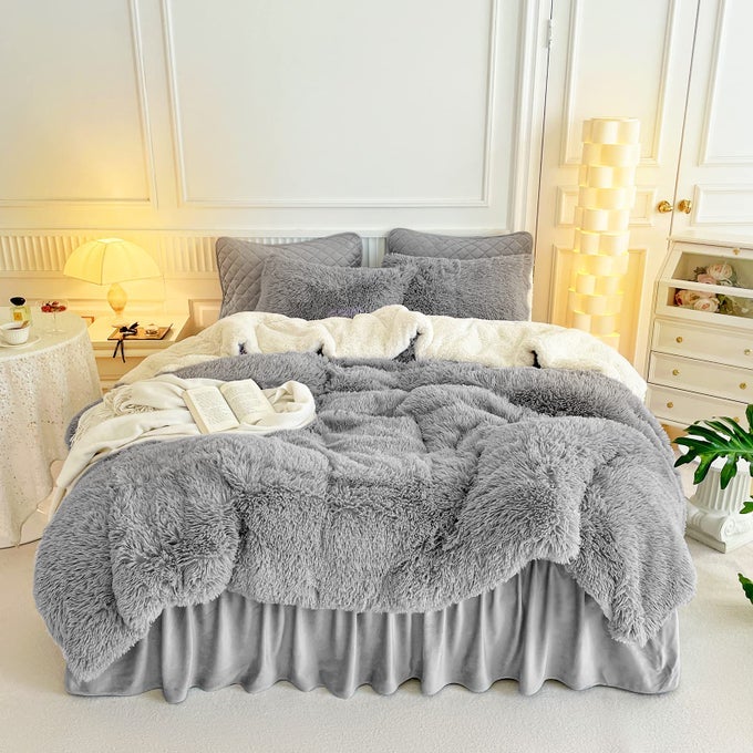 GRAY FAUX FUR COMFORTER SET TWIN 3 PIECES 1 SHAGGY COMFORTER 68X86 AND 2 PILLOWCASES ULTRA SOFT AND EASY CARE LUXURY PLUSH SUPER WARM WINTER SHAGGY DUVET SET