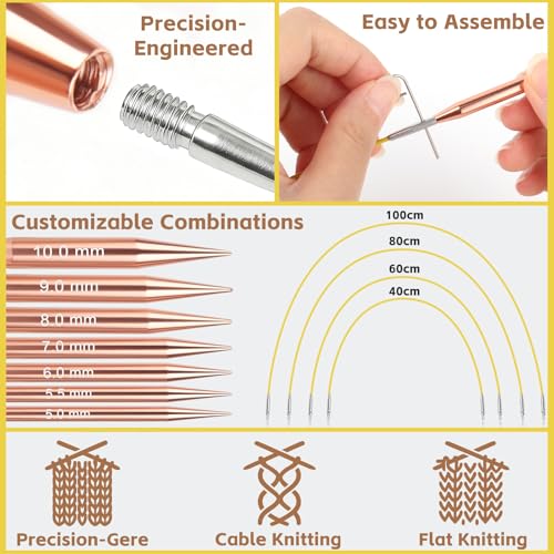 Reessy Interchangeable Circular Knitting Needles Set, 13 Pairs (26pcs) Rose Gold Aluminum Knitting Needles Kit, Sizes 3.0mm–10.0mm, Knitting Needle Case & Accessories for Knitting Beginners & Advanced - Image 5