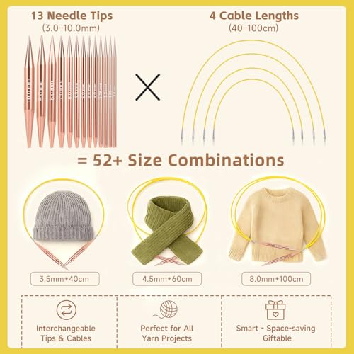Reessy Interchangeable Circular Knitting Needles Set, 13 Pairs (26pcs) Rose Gold Aluminum Knitting Needles Kit, Sizes 3.0mm–10.0mm, Knitting Needle Case & Accessories for Knitting Beginners & Advanced - Image 2