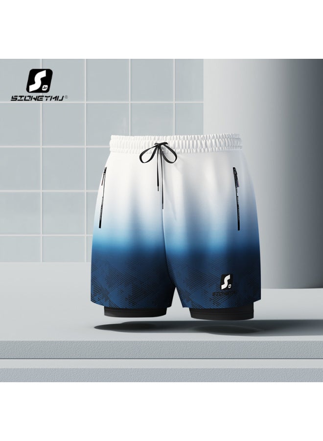 Men's White And Blue Gradient Swimming Trunks, Quick-Drying Double-Layer Loose Plus Size Swimwear