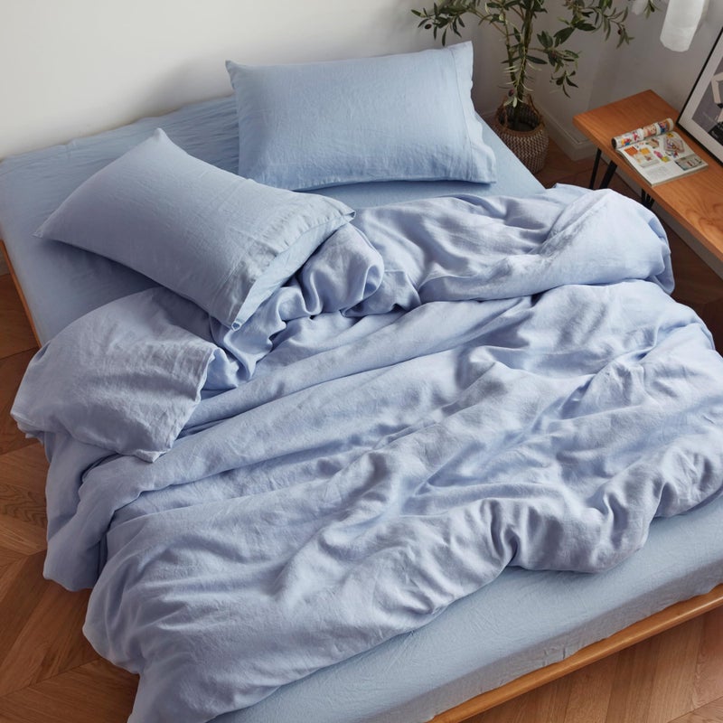 Sijo Stone Washed Organic French Linen Bed Sheet Set GOTS Certified Organic Best Cooling Linen Sheet Award by Sleep Foundation 4 Piece 2 Pillowcases 1 Fitted and 1 Flat Sky King