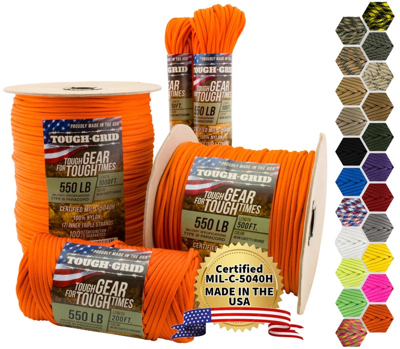 TOUGH-GRID Premium 550 Paracord/Parachute Cord - 100% Nylon Mil-Spec Type III Paracord Rope Used by The US Military, Great for Bracelets and Lanyards, Tactical Paracord 50Ft. - Neon (Saftey) Orange - Image 1