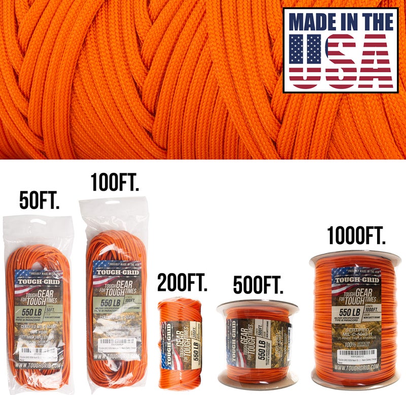 TOUGH-GRID Premium 550 Paracord/Parachute Cord - 100% Nylon Mil-Spec Type III Paracord Rope Used by The US Military, Great for Bracelets and Lanyards, Tactical Paracord 50Ft. - Neon (Saftey) Orange - Image 2