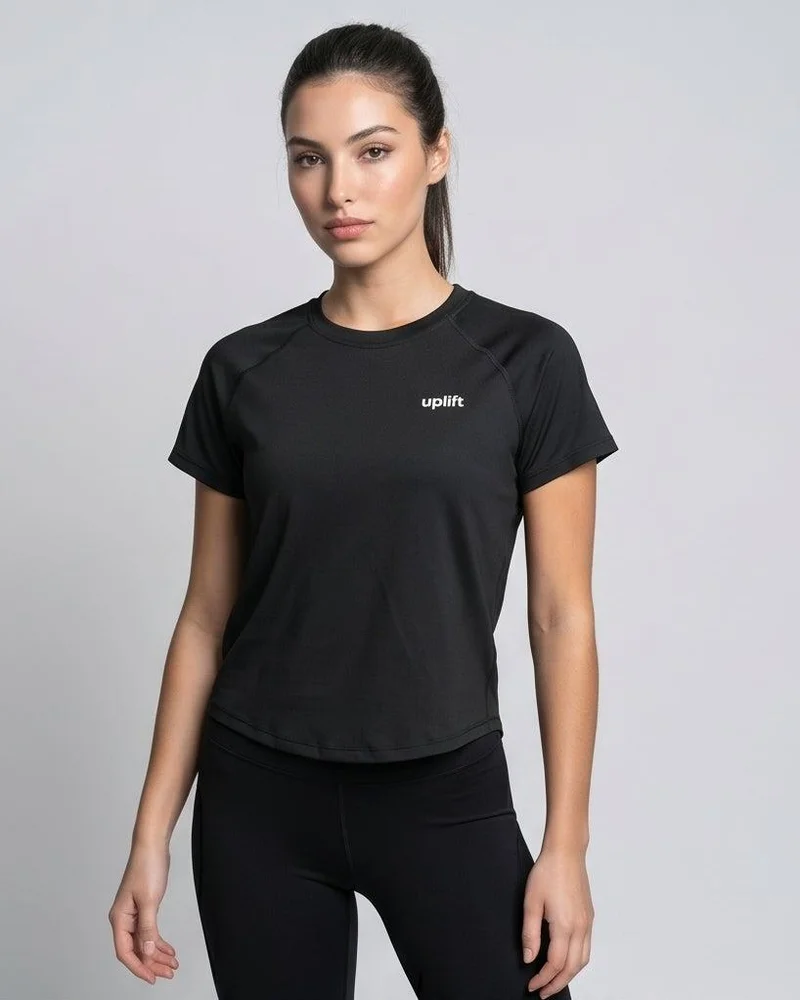Redtag Women Black Raglan Sleeve Active T-Shirt