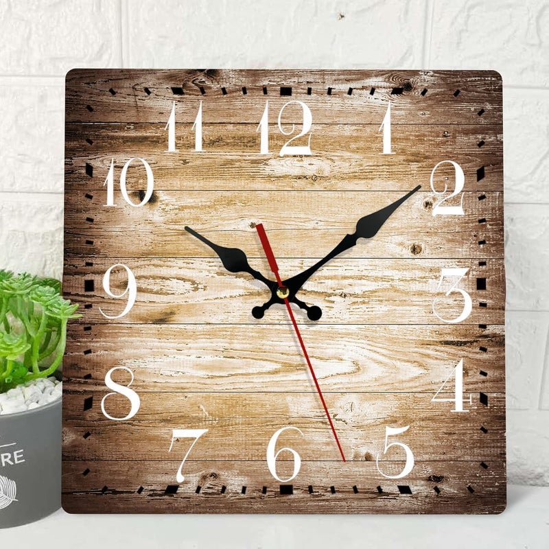 ArtSocket Wooden Wall Clock Silent Non-Ticking, Brown Grain Cracked Ancient Dirty Fence Gray Rustic Coastal Square Wall Clocks Decor for Home Kitchen Living Room Office, Battery Operated(12 Inch) - Image 1